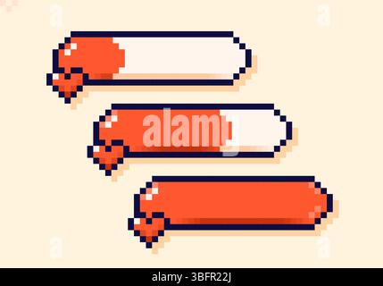 Energy live bars with heart simbols drawn in pixel art 8 bit style. Stock Vector