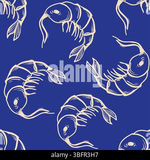 Shrimps vector seamless pattern. Hand-drawn Marine illustrations of beige engraved line on Blue background. La Dolce Vita themed print, inspired by Summer Italian aesthetic. Stock Vector