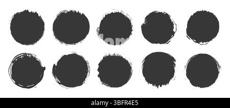 Set of round ink splatter frames, Vector grunge paint brushes in circle shape, Vector elements isolated on white Stock Vector