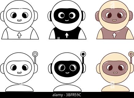 Chatbot Faces, Assistants AI and robot character Avatar set. Vector Outline and color hand drawing icon showing expressions, tech support, security. I Stock Vector