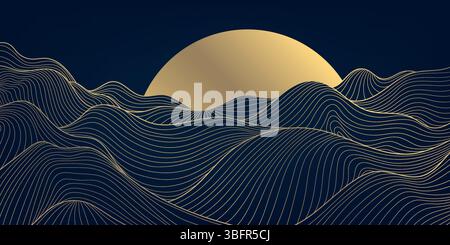 Vector sunset, sunrise line japanese art. Waves, mountains, desert graphic landscape pattern. Modern peaceful gold on blue illustration. Stock Vector