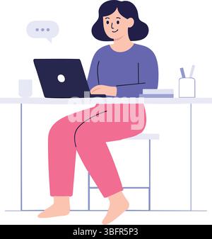 Elegant Woman Working at Modern Desk with Laptop | Flat Vector Illustration for Office & Remote Work Themes Stock Vector