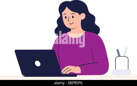 Elegant Woman Working at Modern Desk with Laptop | Flat Vector Illustration for Office & Remote Work Themes Stock Vector