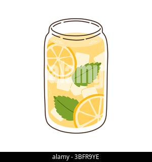 A refreshing yellow drink in a glass jar. It has ice cubes, lemon slices, and green mint leaves. Vector illustration blended smoothie for logo, ads Stock Vector