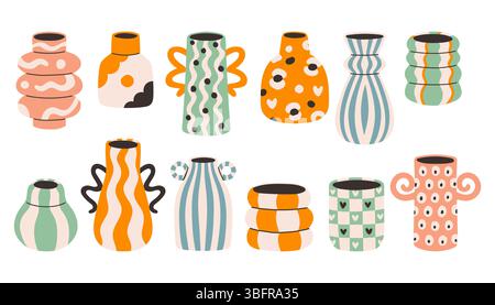 Dopamine vase set. Collection of various geometric vases. Different types of ceramic pottery set in cartoon groovy funky style. Spring, summer Stock Vector