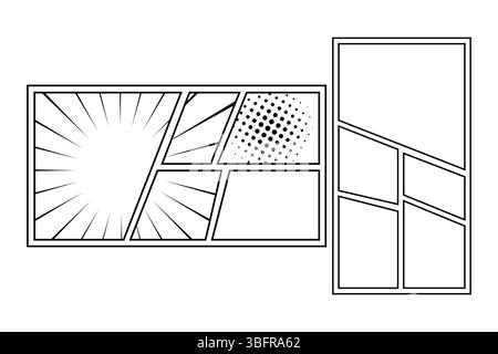 Comic panel outline illustration for page design. Manga layout, storyboard, sunburst frame and collage template Stock Vector