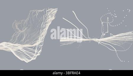 Point explode. Array with dynamic emitted particles. Water splash imitation. Abstract background. Cover design template. 3D illustration for brochure, Stock Vector