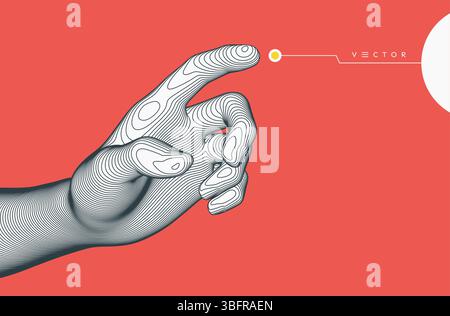 The hand presses the index finger on the button a virtual interface.  Technologies of the future. Connection structure. 3D vector illustration for sci Stock Vector