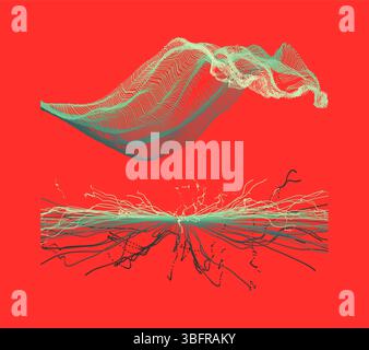 Point explode. Array with dynamic emitted particles. Water splash imitation. Abstract background. Cover design template. 3D illustration for brochure, Stock Vector