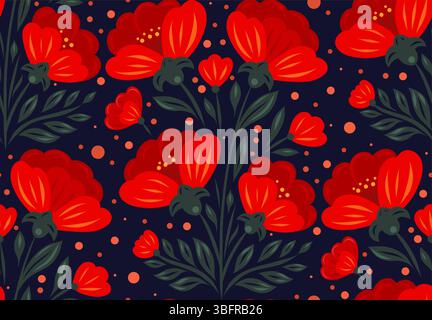 Vector seamless pattern with stylized red flowers and green leaves in folk art style on dark blue background for textile design, wallpaper, gift wrap. Stock Vector