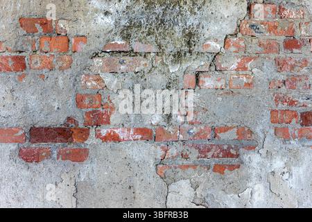 Aged red brick wall partially covered with cracked, flaking plaster and signs of mold, showing decay and urban deterioration. Stock Photo