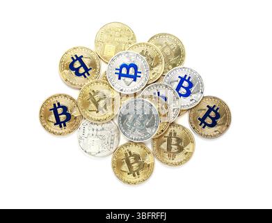 Different bitcoins on white background, top view Stock Photo