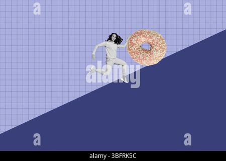 Poster trend collage of person stand run with donut dessert on blue background Stock Photo
