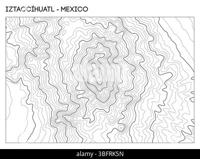 Topographic contour map of Iztaccihuatl volcano in Mexico showing layered elevation and volcanic relief. Contour lines vector terrain background. Stock Vector