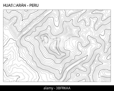 Topographic contour map of Huascaran mountain in Peru showing peak elevation and rugged Andean terrain. Contour lines vector terrain background. Stock Vector