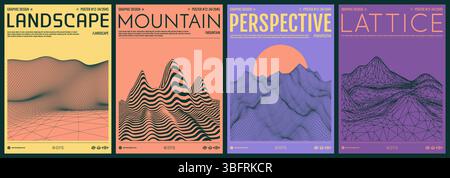 Rocks, mountains and hills. Mountain peak. Surreal and psychedelic striped landscape background. Sunset. Cyberspace grid. Cover design template. 3D ve Stock Vector
