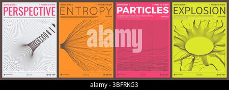 3D grid surface. Abstract background made of dynamic particles. Tunnel. Fine particles radiate from the centre. Solar or stellar radiation. Abstract b Stock Vector