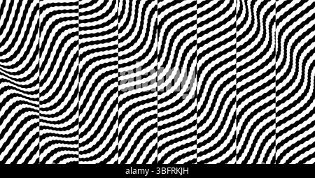 Wavy background. Black and white pattern. Optical illusion dynamic pattern with displacement from multiple sliced lines. Abstract striped backdrop. 3d Stock Vector