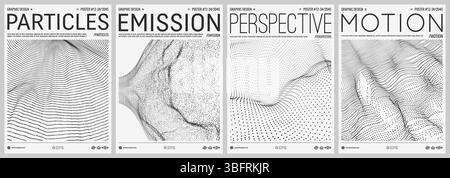 Cover design template. An array with dynamic particles. Texture. Black and white. 3D vector illustration for brochure, poster, flyer, banner. Stock Vector
