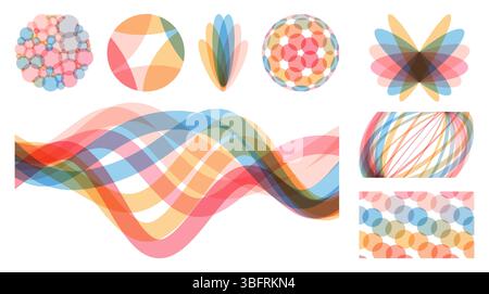 Set of round shapes created from overlapping translucent elements. A wavy signal waveform. Abstract geometric design. Vector for brochure, banner, cov Stock Vector