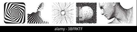 Abstract striped design element. Optical art. Futuristic vector illustration of ocean waves. Black hole made from small particles strive out of center Stock Vector