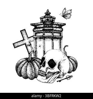 Vintage lantern, skull, cross, pumpkins, butterfly and key. Graphic vector illustration in Gothic style for Halloween, Day of the Dead for postcard Stock Vector
