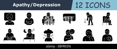 Apathy glyph set icon. Sad screen head, stomach problem, seated man, apathy speech, bent posture, chair sitting, food tray, sleep moon, cloud with rai Stock Vector