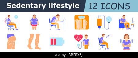 Sedentary lifestyle outline set icon. Seated man, spine ache, obesity, man at table, scale feet, drip bag, monitor, couch position, cellulite leg, var Stock Vector