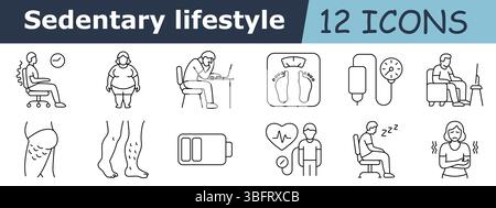 Sedentary lifestyle outline set icon. Seated man, spine ache, obesity, man at table, scale feet, drip bag, monitor, couch position, cellulite leg, var Stock Vector