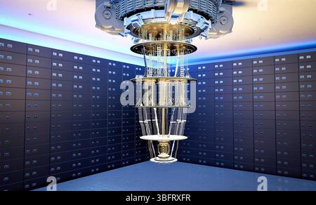 3d rendering golden quantum computer machine in room Stock Photo