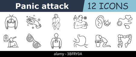 Panic attack set icon. Breathing issue, sparkling hand, crouched figure, hot cold contrast, ear sensitivity, heart monitor, tired man, dizziness, flam Stock Vector