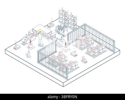 A modern logistics warehouse concept featuring autonomous robots, Industrial Internet of Things IoT and transportation operation services for efficien Stock Vector