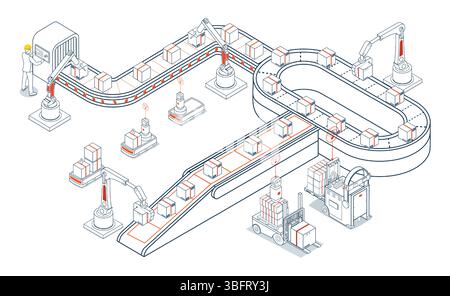 Smart logistics integrates automation, skilled labor, AGV, AMR and wireless transport, using Industry 4.0 technologies to optimize material handling a Stock Vector