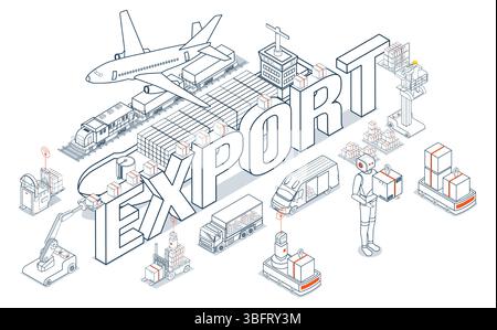 Global logistics facilitates the export of containerized cargo via ships, trucks, forklifts, and trains from industrial ports, enabling worldwide tran Stock Vector