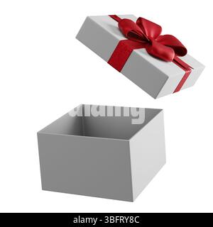 White gift box with red ribbon isolated on empty background. Christmas present for holiday sale shop design element. Stock Photo
