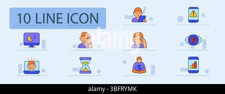 Digital fatigue set icon. Sleeping at monitor, sleepy with phone, warning screen, eye strain, sad laptop face, hourglass, yoga person with phone, phon Stock Vector