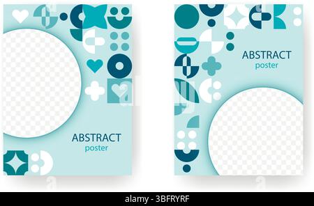 Set of abstract posters with dynamic icons and space for photo. Template for vertical booklet in blue and light blue. Layout for brochure, advertising Stock Vector