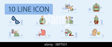 Panic attack set icon. Breathing issue, sparkling hand, crouched figure, hot cold contrast, ear sensitivity, heart monitor, tired man, dizziness, flam Stock Vector