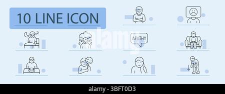 Depression monochrome set icon. Man lying in bed, crying under rain, closed pose, apathy bubble, sad face, man on sofa, no appetite, mask smile, fatig Stock Vector