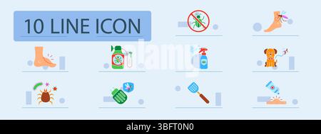 Insect protection set icon. Bite, repellent spray, no bug sign, mosquito, pet, chemical defense, anti-insect lotion, electric trap, swatter, ointment, Stock Vector