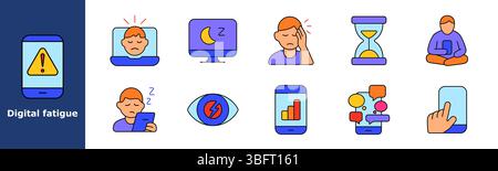 Digital fatigue set icon. Smartphone warning, tired face, monitor with moon, headache, hourglass, phone user, eye strain, stats, chat bubbles, screen Stock Vector