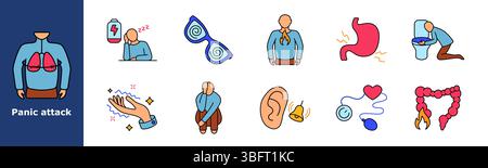 Panic attack set icon. Breathing difficulty, low energy, dizziness, chest burning, stomach pain, nausea, trembling hands, anxiety, hearing sensitivity Stock Vector