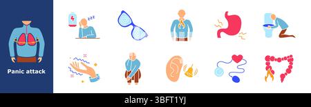 Panic attack set icon. Breathing constriction, low battery, tiredness, dizziness, chest burning, stomach ache, vomiting, trembling, fear, ringing ears Stock Vector