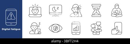 Digital fatigue set icon. Phone warning, man with laptop, sleeping monitor, head pain, hour icon, sitting with gadget, sleepy user, eye stress, data c Stock Vector