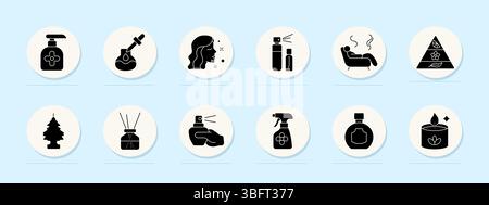 Fragrance therapy set icon. Soap dispenser, dropper, woman scent, dual spray, lounge relax, note pyramid, car freshener, diffuser, room sprayer, round Stock Vector