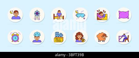 Sleep aid set icon. Night sadness, dreamcatcher, tiredness, sleeping mask, nightmares, pillow, alarm, sleep disorder, melatonin, herbal tea, sheep, de Stock Vector