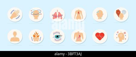 Panic symptoms set icon. Tremor, vertigo, lung pressure, spine pain, sweat, death fear, throat tension, heat waves, eye focus, gastric pain, heartbeat Stock Vector