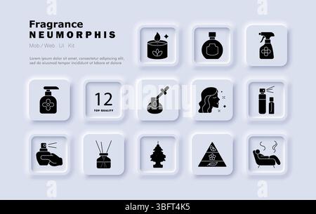 Fragrance set icon. Essential oil, aroma bottle, diffuser, woman with scent, pine tree freshener, perfume sprayer, rest zone, pyramid note, candle jar Stock Vector