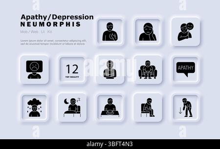 Apathy set icon. Sad face, no emotion, empty speech, sleeping, cloud with rain, eating disorder, social withdrawal, inactive pose, hopeless gesture, n Stock Vector