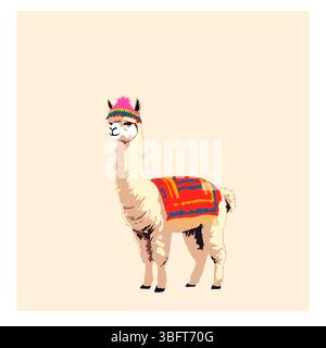 Vector illustration of an Andean llama wearing traditional Peruvian clothing. Ideal for cultural, educational, or tourism content about Peruvian ident Stock Vector